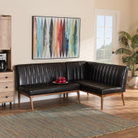 Baxton Studio BBT8051.12-Dark BrownWalnut-2PC SF Bench Baxton Studio Daymond Mid-Century Modern Dark Brown Faux Leather Upholstered and Walnut Brown Finished Wood 2-Piece Dining Nook Banquette Set